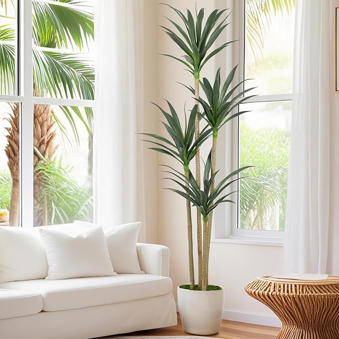 6ft Faux Agave Plant Artificial Tree with 51 Leaves and 3 Large Realistic Trunks,Fake Floor Potted Artificial Tall Plants for Home Office Garden Decor Indoor (6Feet,1Pack)