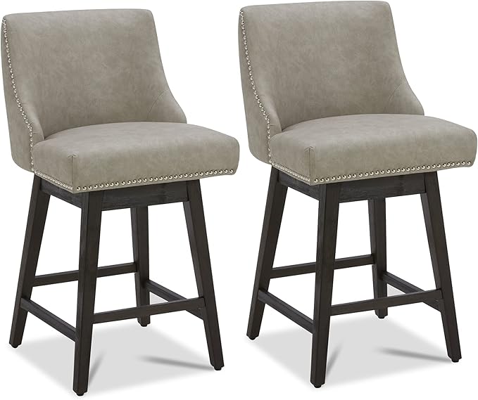 CHITA Counter Height Swivel Bar Stools Set of 2, FSC Certified Upholstered Counter Stools, Modern Swivel Barstools with Wood Legs for Kitchen Island, 26" Seat Height, Faux Leather in Stone Grey