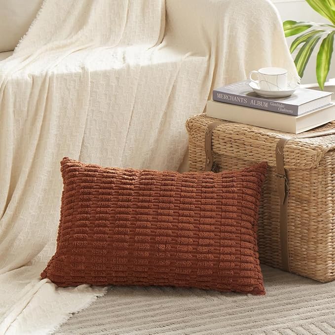 Fancy Homi 2 Packs Rust Decorative Throw Pillow Covers 12x24 Inch for Living Room Couch Bed Sofa, Rustic Farmhouse Boho Home Decor, Soft Striped Corduroy Rectangle Cushion Case 30x60 cm