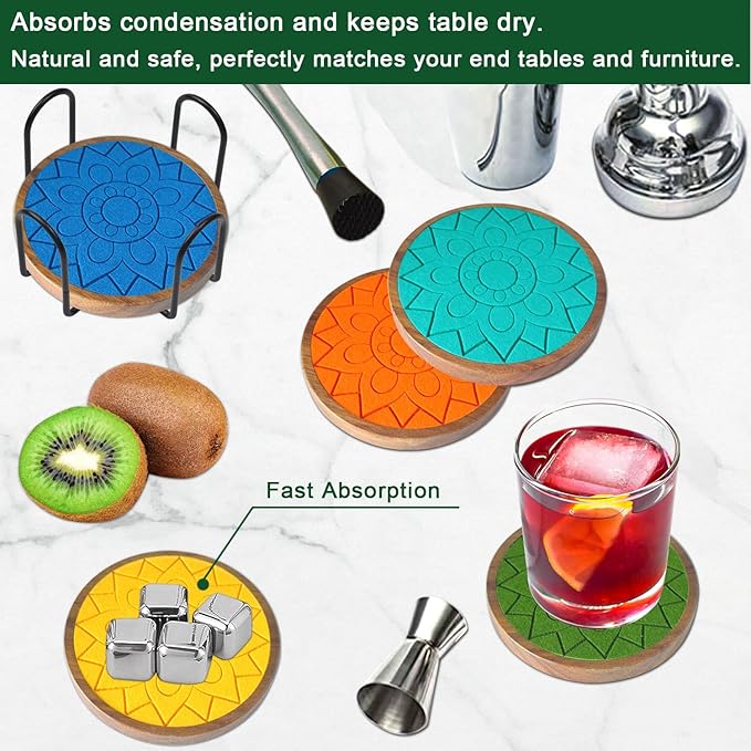 Coasters for Drinks Absorbent 5 Pack, Coasters for Coffee Table with Holder, Wood Coasters with Felt Pads, Non-Slip, Non-Stick, Suit for Kinds of Cups 4.3 inch (Colorful), Round