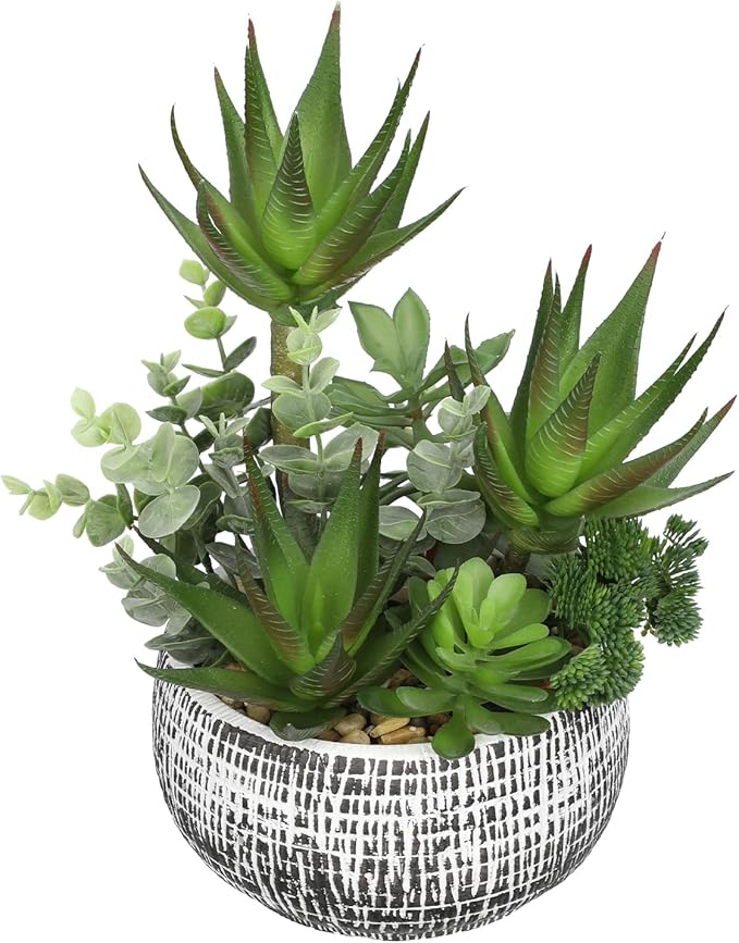 11” Large Succulents Aloe Plants Artificial in Ceramic Pots Potted Faux Succulent Eucalyptus Arrangement with Black Bowl Pots Fake Desk Succulents Plants for Home Bathroom Shelf Table Indoor Decor
