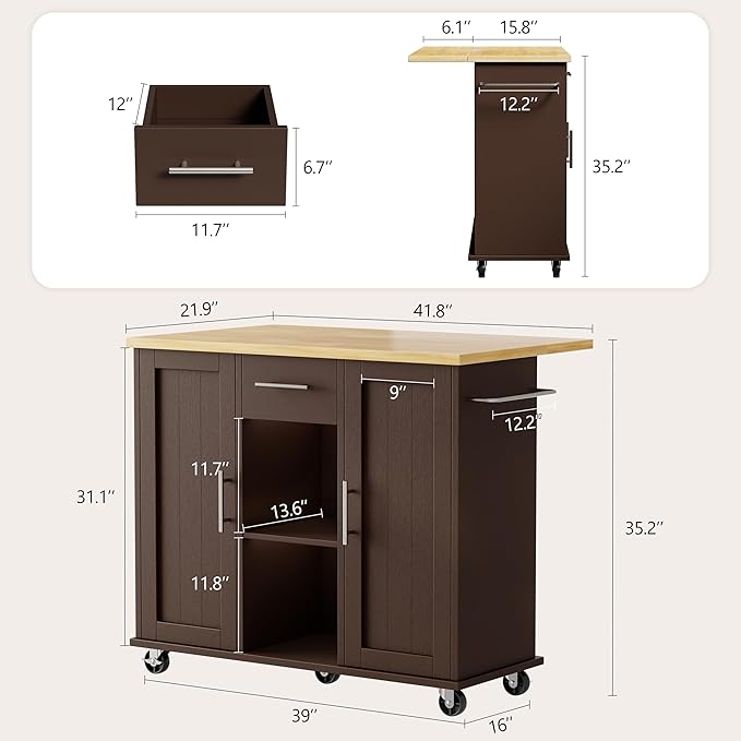 Shintenchi Kitchen Island with Storage, Bar Cart Cabinet Island Table on Wheels, Rolling Microwave Cart for Kitchen with Drop Leaf, Drawers, Towel Rack, Seating Area for Dining Room, Brown