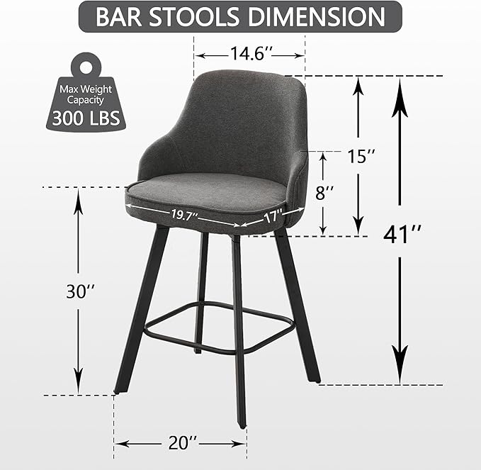 Bar Stools Set of 3, 30" Swivel Bar Height Barstools with High Back, Linen Kitchen Bar Stool Bar Height for Kitchen Island (Dark Grey, 3PCS 30" Bar Stools)