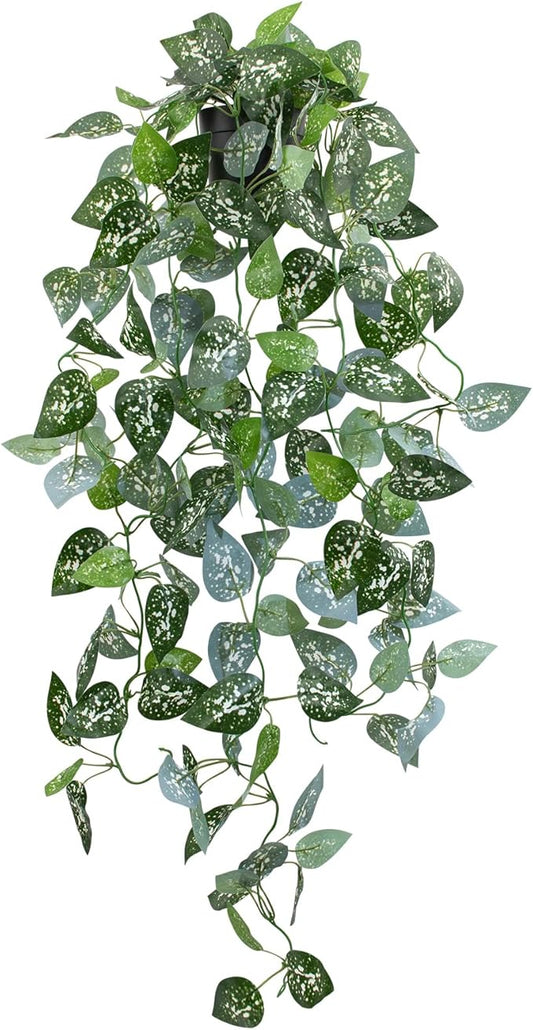 LOYWREE 39-in Long Fake Hanging Plant with Pot Faux Pothos Artificial Potted Plants Small Faux Ivy Vine Plant for Indoor Outdoor Aesthetic Office Living Room Shelf Decor (Black Pot)
