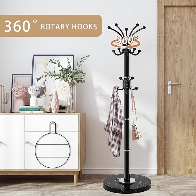 Metal Heavy Duty Coat Rack Stand, Modern Freestanding Coat Rack with Natural Marble Base, 360° Roraty Coat Racks with 16 Hooks, Black Coat Hall Tree Hanger Stand for Entryway, Office