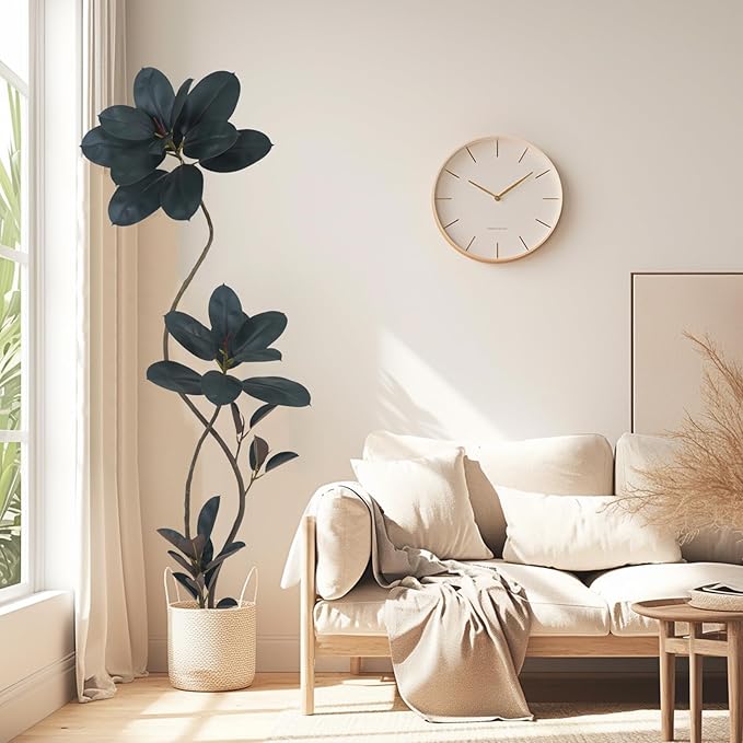 Artificial Rubber Tree Plant, 72 Inch Indoor Tree, Green with Round Planter, All Season Home Decor (Black, 6ft)