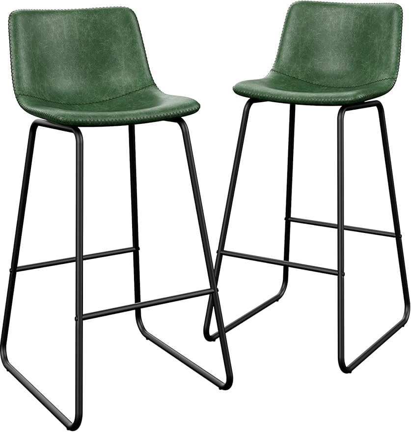 Bar Stools Set of 2, 30 Inch Counter Height Barstools with Back, Modern Faux Leather Bar Stool with Metal Legs and Footrest for Kitchens Island (Green)