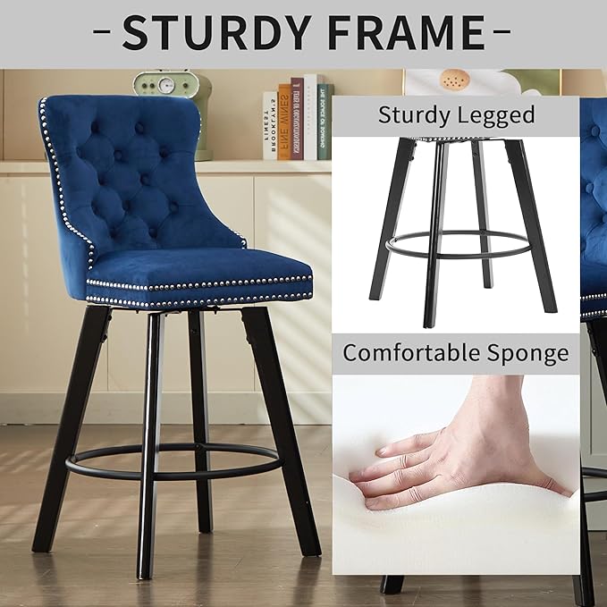 YISHENG Modern Swivel 27" H Seat Set of 2 Velvet Barstools with Backrest and Footrest,Button Tufted Rivet Trim Dining Room Chairs with Metal Pull Ring for Kitchen Island，Bistro, Home Bar，Blue