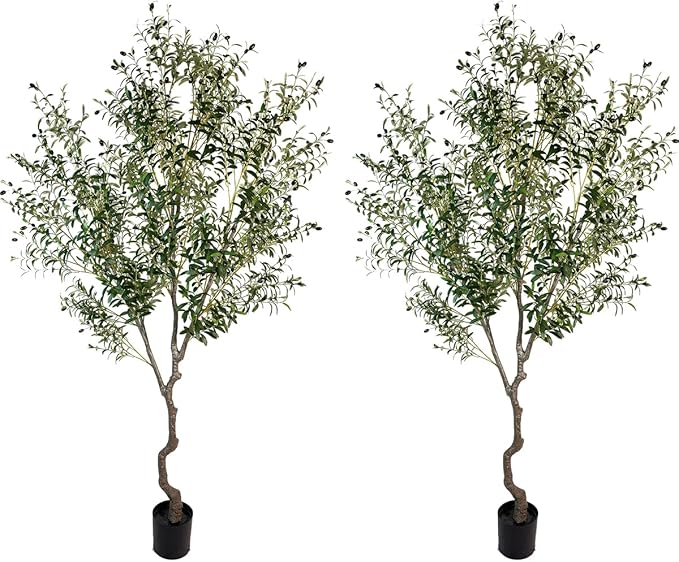 Artificial Tree Faux Olive Tree 8ft(92in,3200leaves) Tall Fake Olive Plant in Pot Fake Silk Tree Faux Plants Indoor 2pack