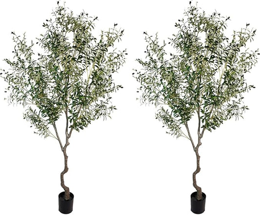 Artificial Tree Faux Olive Tree 8ft(92in,3200leaves) Tall Fake Olive Plant in Pot Fake Silk Tree Faux Plants Indoor 2pack