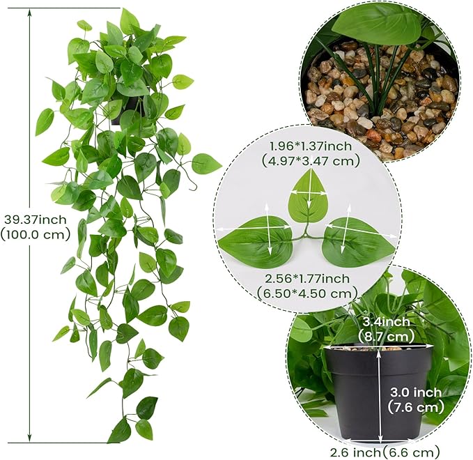 LOYWREE 3 Pack Small Artificial Hanging Plants with Faux Ivy Vine and Hanging Pothos 39Inch Fake Plant Realistic Greenery for Shelf Decor in Home, Office, Indoor & Outdoor Gardens