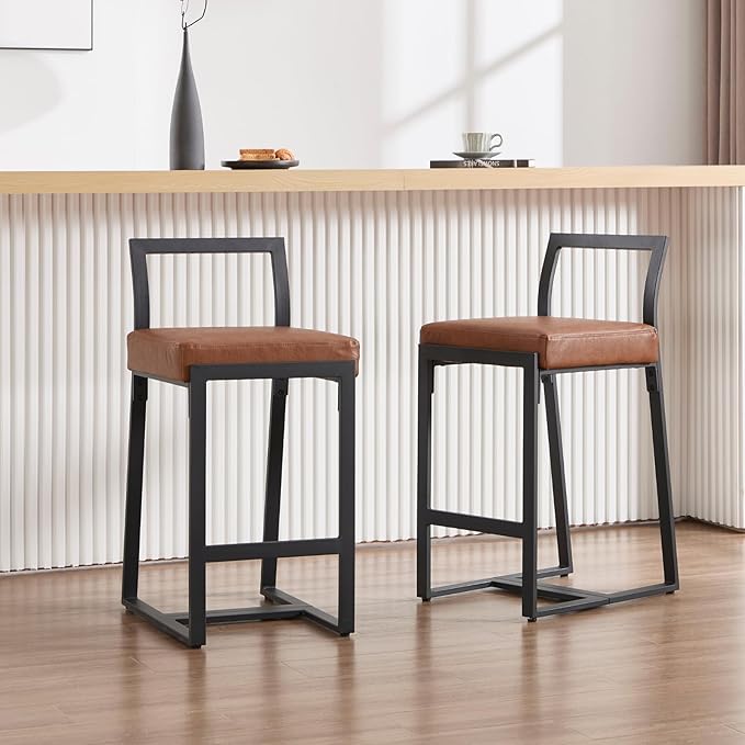 26’’ Modern Bar Stools Set of 4, Upholstered PU Leather Bar Chairs with Backrest Armless Counter Height Stools with Metal Frame for Kitchen Island Dining Room, Brown