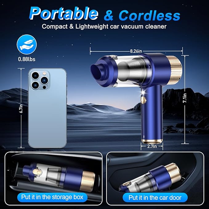 Mini Vacuum Cleaner, 15000PA Car Vacuum Cleaner Portable Cordless with LED Light, 4 in 1 Air Duster and Handheld Small Vacuum Rechargeable for Car, Home, Office, Pet（Blue）