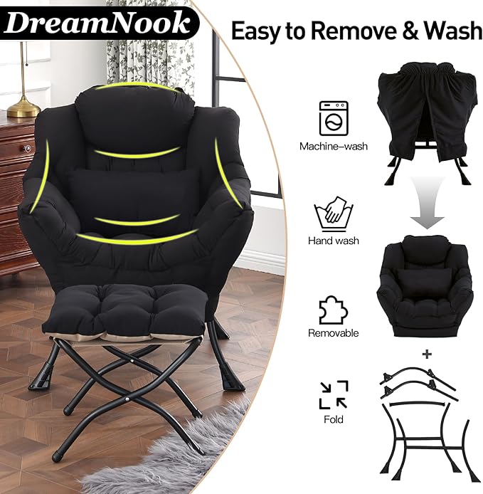 Lazy Chair with Ottoman, Modern Accent Chair with Lumbar Pillow, Comfy Chairs with Folding Footrest for Bedroom, Reading, Oversized Supportive Lounge Chairs(Black)