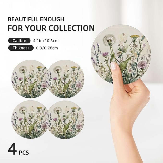 Antique Herbs and Wild Flowers Coasters for Drinks Summer Plants Absorbent Ceramic Coaster Set of 4 for Coffee Table Cup Bar Desk Round Coasters Mat with Cork Base Seasonal Home Decors