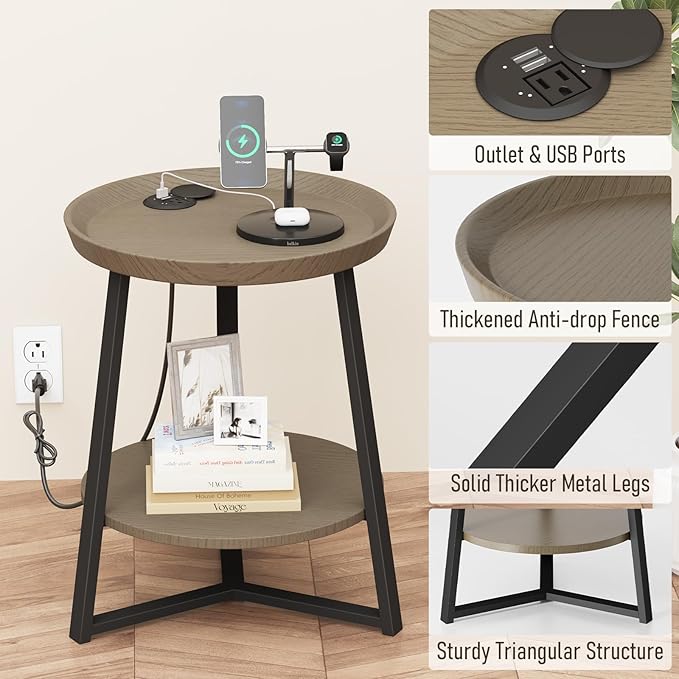 Gadroad Round End Table with Charging Station, USB Ports, Wood Tabletop & Black Metal Frame, 2-Tier Side Table for Living Room, Bedroom, Walnut Color 15.7 * 15.7 * 23.0inches