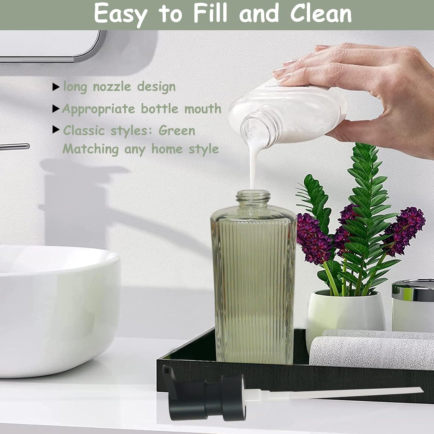 Green Glass Soap Dispenser Set with Black Pump, 12oz Hand Dish Lotion Dispenser, Refillable Liquid Soap Dispenser for Modern Home Decor, Bathroom, Kitchen Countertop, Hotel(2 Pack)