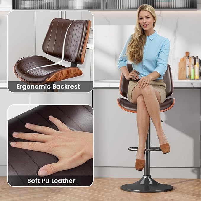 Swivel Bar Stools Set of 1, Adjustable Bentwood Barstools for Kitchen Counter, Modern PU Leather Upholstered Bar Chair with Back and Footrest, for Kitchen Island, Bar, Dining Room, Brown