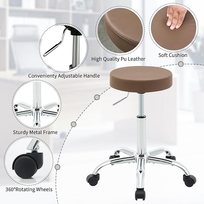 Adjustable Office Stool with Wheels 19.5"-26.6", Brown Thick Cushion Backless Rolling Chair (Coffee Brown)