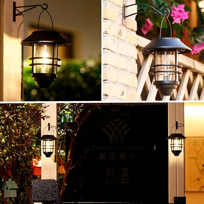 2 Pack Solar Lights Outdoor Lanterns,Waterproof Hanging Solar Lights Lantern Glass Metal with Wall Mount Kit, Garden Lanterns Solar Powered for Outdoor, Fence, Front Porch Exterior Lighting