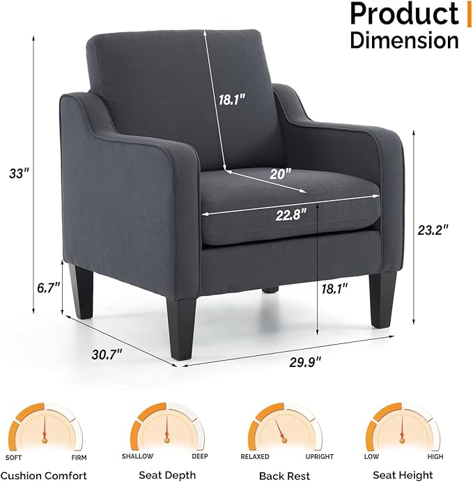 VINGLI Accent Chairs for Living Room Chairs Mid Century Modern Chair Sofa Chair Upholstered Arm Chair with Scooped Arms for Bedroom, Apartment, Office, Studio, Waiting Room, Play Room