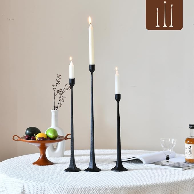 Iron Black Candlestick Holders, Set of 3 Candle Stick Holders,Fits 3/4 inch Thick Candle&Led Candles, Vintage Modern Decorative Centerpiece for Dining Table Centerpiece, Wedding, Party Decor