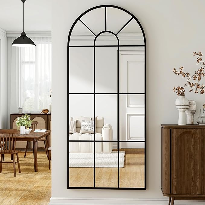 24"×65" Windowpane Arched Full Length Mirror, Grid-Designed Decorative Farmehouse Full Body Floor Mirror with Metal Frame Hanging Leaning for Entryway, Living Room, Home Decor, Black