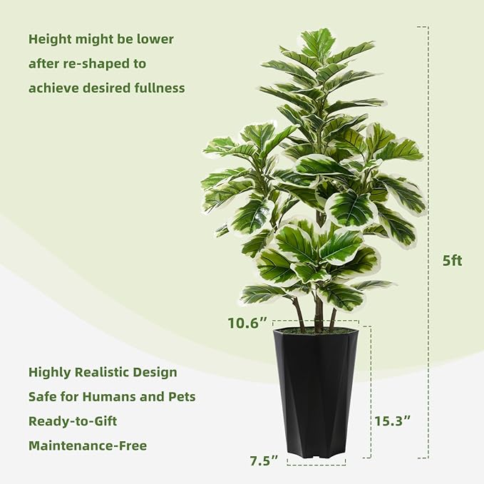 Artificial Fiddle Leaf Fig Plant Indoor 5FT Faux Rubber Tree with White Diamond Planter Tall Fake Floor Plant in Pot Artificial Trees for Home Office Living Room Decor Indoor
