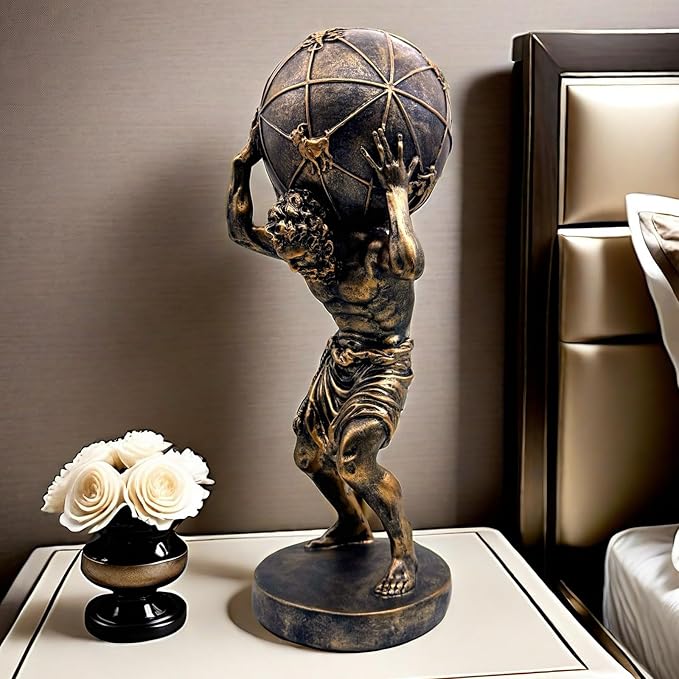 Bronze Greek Atlas Holding World Statue Large Sculpture Figurine Home Office Living Room Desktop Display Decor Decorative Decoration 16.5 Inch