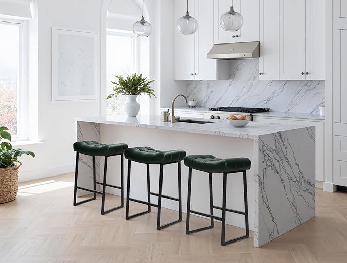 Counter Height Bar Stool for Kitchen Counter Modern Backless Barstool with Upholstered Faux Leather Seat and Metal Frame Industrial 24 inch Bar Chair, Dark Green