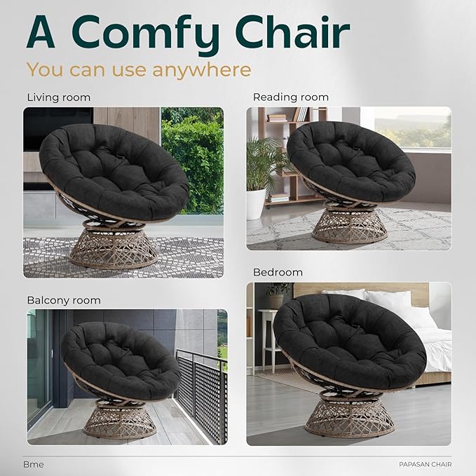 Bme 40" Ergonomic Wicker Papasan Chair with Soft Thick Cushion & Frame, 360° Swivel, Circle, Reading, Comfy Chair for Living Room, Bedroom