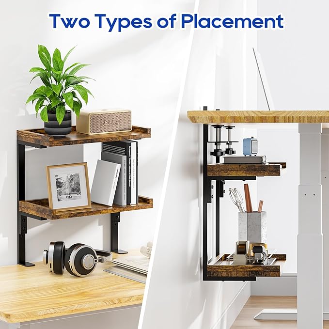 Clamp On Desk Shelf 2-Tier, 12.5 inche Wood Shelving Unit for Office Desk/Gaming Accessories, Tabletop Book Storage Rack, Shelf for Top & Under of Desk, Brown