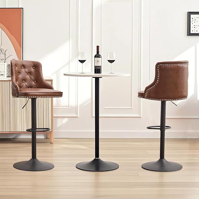 Modern Counter Stools Set of 2, Swivel Counter Height Bar Stools with Back and Armrests, 25'' to 33'' Adjustable Height PU Leather Bar Chairs with Rivets for Kitchen Island, Light Brown