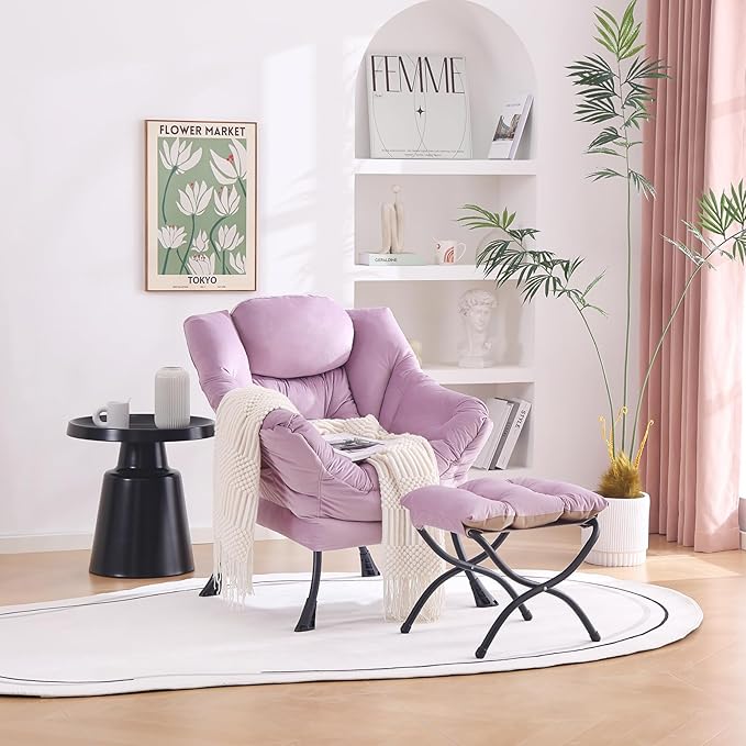 Welnow Lazy Chair with Ottoman, Modern Lounge Accent Chair with Armrests and a Side Pocket, Leisure Upholstered Sofa Armchair Set, Reading Armchair with Footrest for Small Space, Light Purple