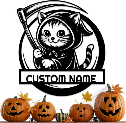 Personalized Scythe Cat Metal Sign, Custom Name Halloween Metal Wall Art, Cute Halloween Decor for Home, Living Room, Porch or Door, Halloween Decorations Outdoor/Indoor