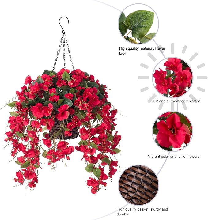 Artificial Fake Hanging Hibiscus Flowers Plants Baskets for Outdoor Decor, Faux Silk Hibiscus Long Vines in Planter UV Resistant Realistic Flowers for Outside Porch Patio Home Decoration, Red