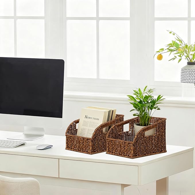 Wicker Baskets for Organizing,Pantry, Kitchen Counter with Handles, Handwoven Woven Storage Baskets for Fruit, Bread, Vegetable, Waterproof Plastic Storage Bins for Shelves, 3 Pack, Brown