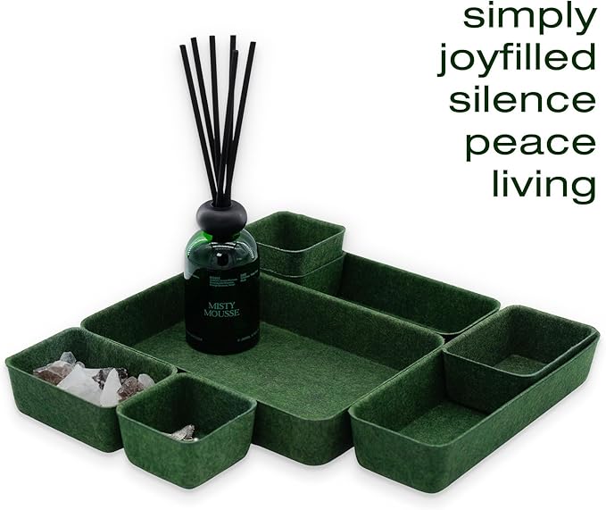 Welaxy Desk drawer organizer bins shallow trays felt storage desktop box for jewelry watches office supplies makeup small key holder minimalism 8-piece (Forest Green)