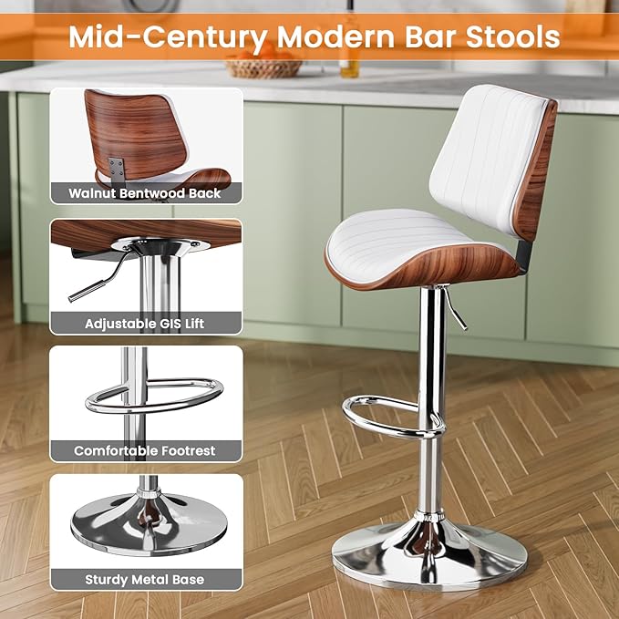 Swivel Bar Stools Set of 2, Adjustable Bentwood Barstools for Kitchen Counter, Modern PU Leather Upholstered Bar Chair with Back and Footrest, for Kitchen Island, Bar, Dining Room, Cafe, White