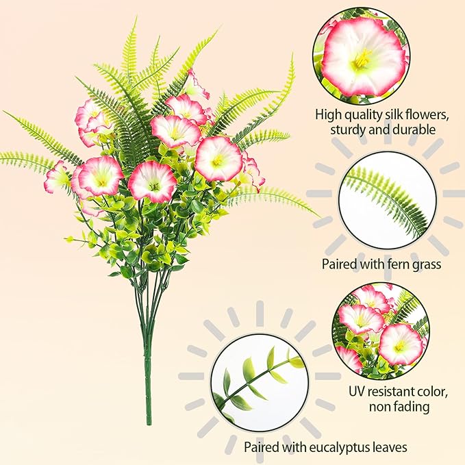 Artificial Flowers Outdoors 12 Bundles Pink Artificial Petunias Fake Flowers UV Resistant Shrubs Plants with Fern for Indoor Outside Hanging Planters Home Garden Summer Decorations