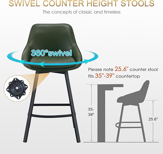 Zesthouse Swivel Counter Height Stools Set of 2, Modern Upholstered Barstools with Backs, 26'' Faux Leather High Chairs for Island Kitchen, Counter Height Chairs with Metal Legs, Green