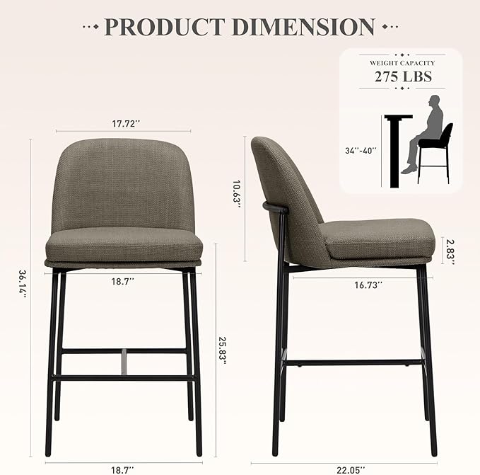 COLAMY Counter Height Bar Stools Set of 2, 25 Inch Modern Fabric Kitchen Island Stools with Back, Upholstered Counter Barstools Armless Bar Chairs with Metal Legs for Island Dining Room Bar,Brown