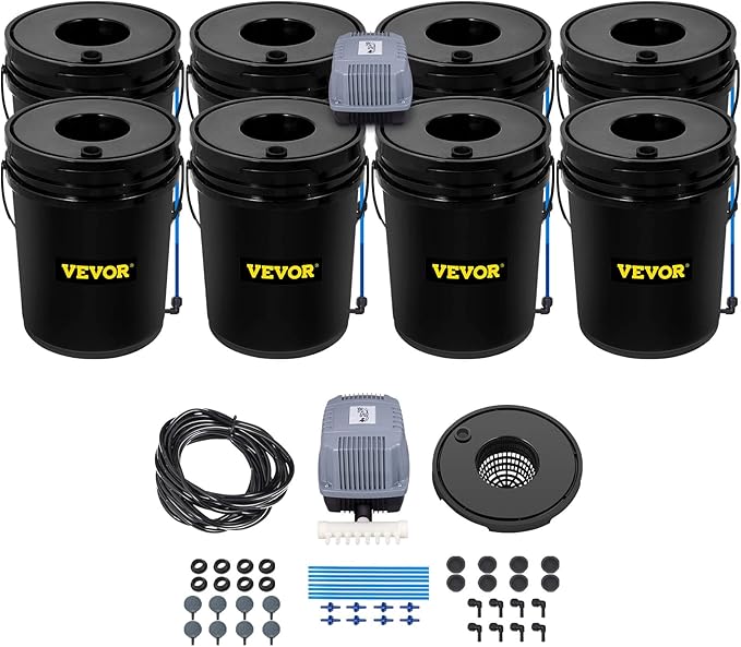 VEVOR DWC Hydroponic System, 5 Gallon 8 Buckets, Deep Water Culture Growing Bucket, Hydroponics Grow Kit with Pump, Air Stone and Water Level Device, for Indoor/Outdoor Leafy Vegetables