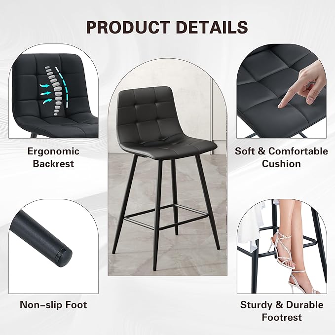 Black Bar Stools Set of 4,Faux Leather Counter Height Bar Stools,Modern 24.6" Bar Chairs with Back Metal Footrest,Counter Stool with Back and Footrest for Kitchen Island Restaurants Pubs