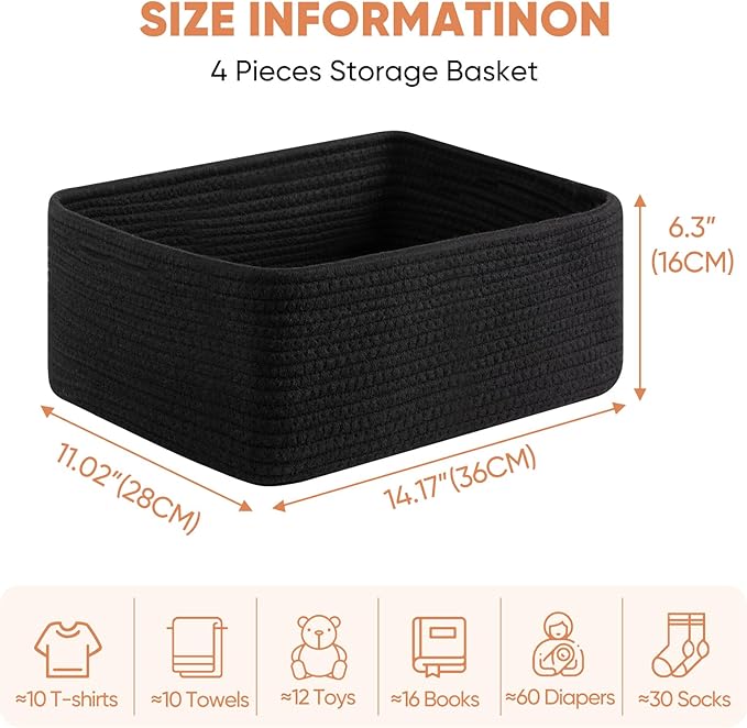 OIAHOMY 4 Pack 14.17*11.02*6.3IN Storage Baskets for Organizing Shelves, Woven Rope Baskets for Organizing Books, Clothes, Decorative Basket for Living Room, Nursery, Bedroom, Gift Basket, Black
