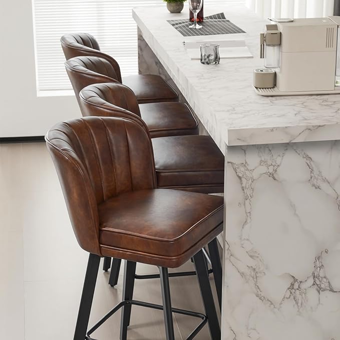Swivel Counter Height Bar Stools Set of 2, 26'' Modern Barstools with Backs and Metal Legs, Upholstered Bar Chairs, Faux Leather Brown Stools for Kitchen Island Chairs