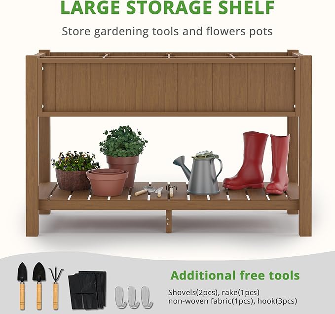 LUE BONA Elevated Planter Box with Legs and Shelf, 47 * 21 * 30in, 8 DIY Pocket HDPS Raised Garden Bed with Tools, 3-Year Warranty, No Crack, Large Outdoor Herb Raised Beds for Gardening Vegetables