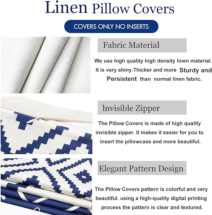 Decorative Throw Pillow Covers Set of 4 Blue Pillow Covers 22x22 inch Throw Pillow Cases Linen Square Pillow Case,Farmhouse Outdoor Modern Geometric Pillow Covers for Couch Sofa Living Room