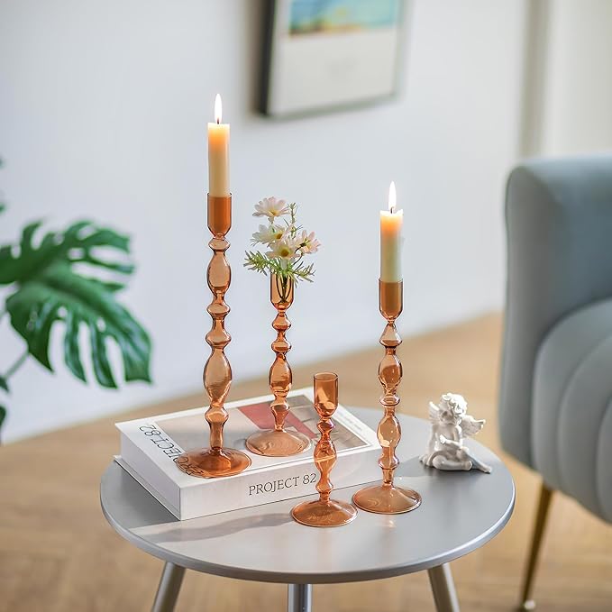 Glasseam Amber Taper Candle Holders: Set of 4 Decorative Modern Candle Sticks Holder Decor Tall Candlestick Holders for Table Fall Centerpiece Dining Thanksgiving Halloween