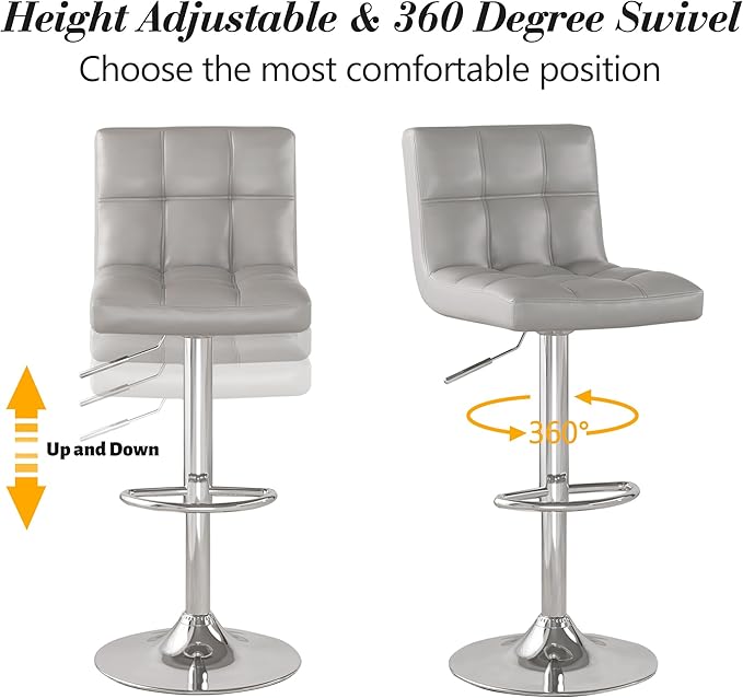 Modern PU Leather Bar Stools Set of 2, Adjustable Swivel Square Bar Chairs, Armless Counter Height Barstools with Back and Large Base for Island/Kitchen(Gray)